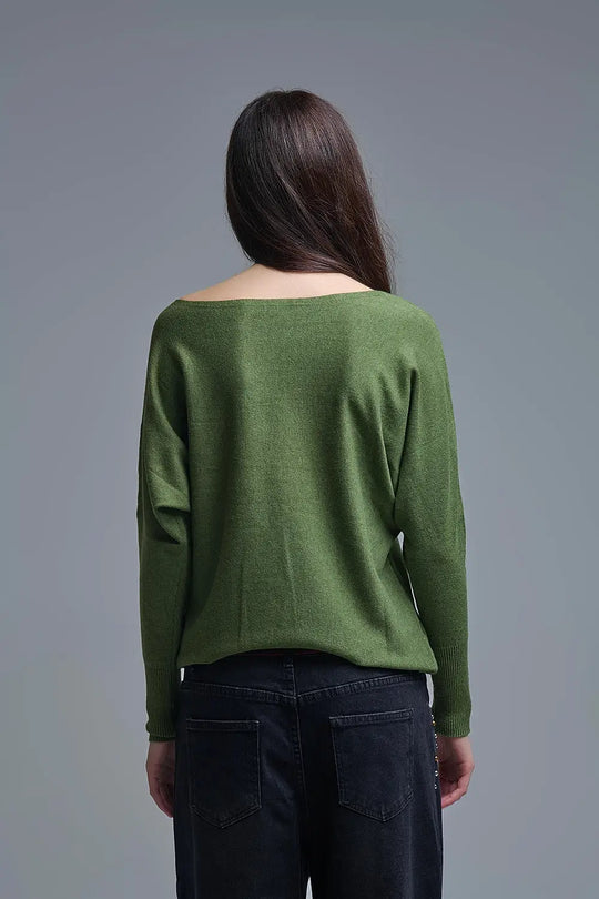 Soft knit olive green Sweater with sleeve button details - KHAKI / ONE - Sweaters