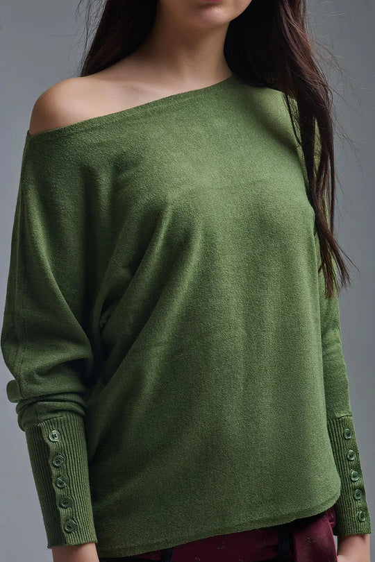 Soft knit olive green Sweater with sleeve button details - KHAKI / ONE - Sweaters