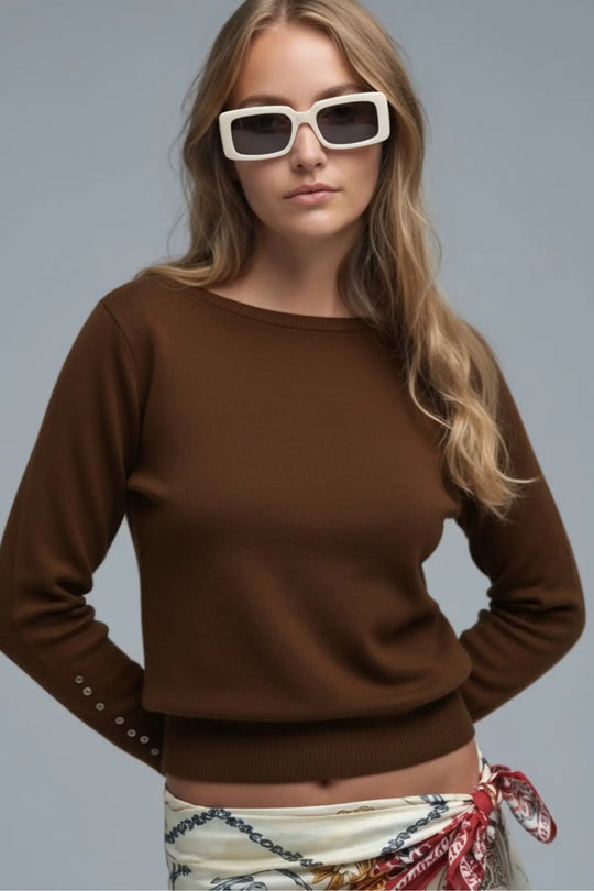 Soft knit Brown Sweater with sleeve button details - BROWN / ONE - Sweaters