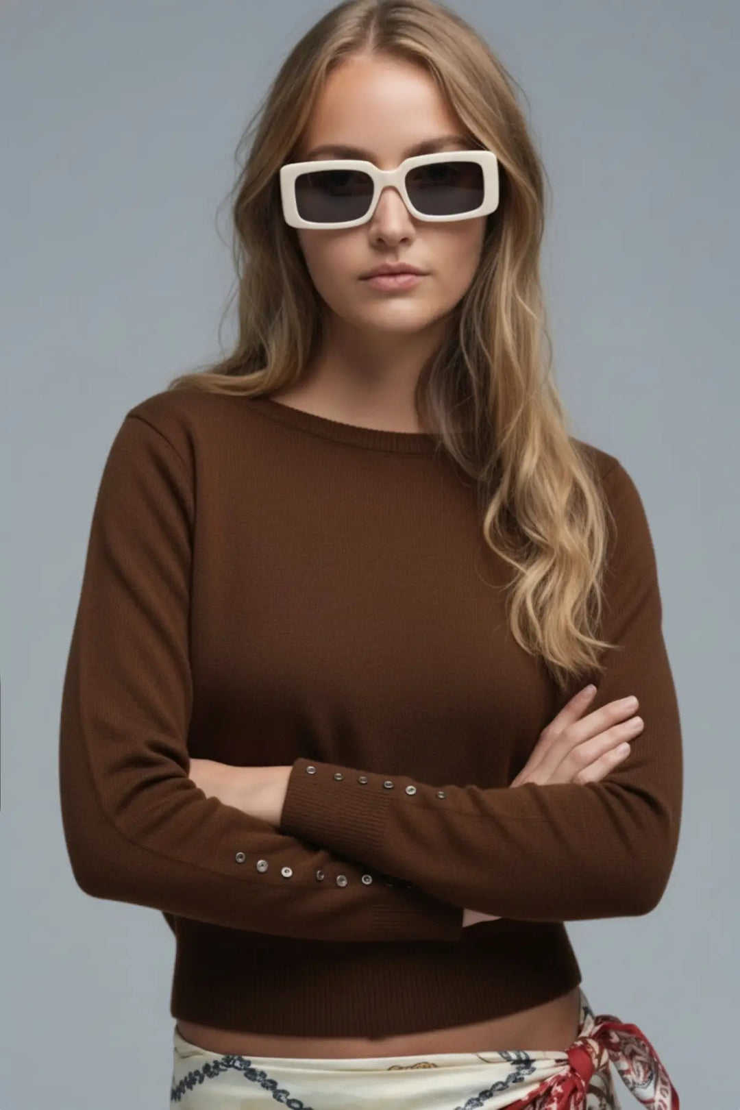 Soft knit Brown Sweater with sleeve button details - BROWN / ONE - Sweaters