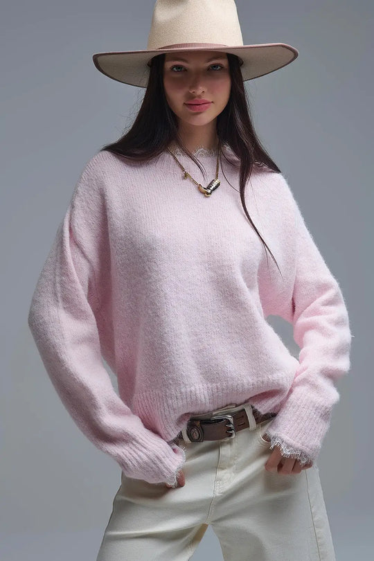 Long Oversized Pink Sweater With Lace Details at Cuffs and Neck - PINK / ONE - Sweaters