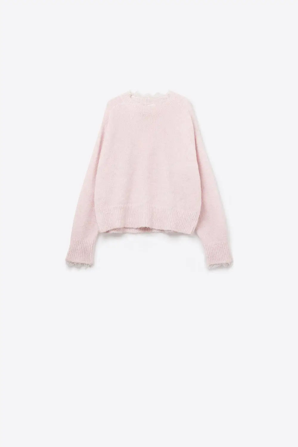 Long Oversized Pink Sweater With Lace Details at Cuffs and Neck - PINK / ONE - Sweaters