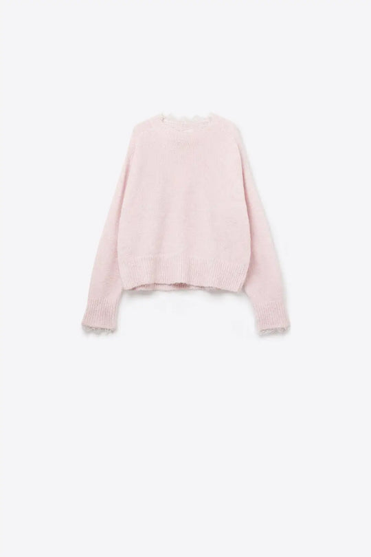 Long Oversized Pink Sweater With Lace Details at Cuffs and Neck - PINK / ONE - Sweaters