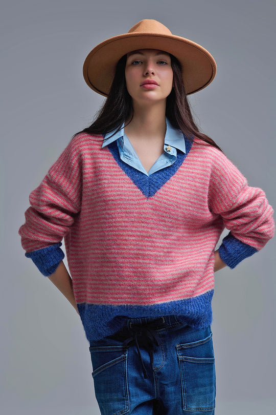 Fuchsia Striped Knit Sweater with Blue Details