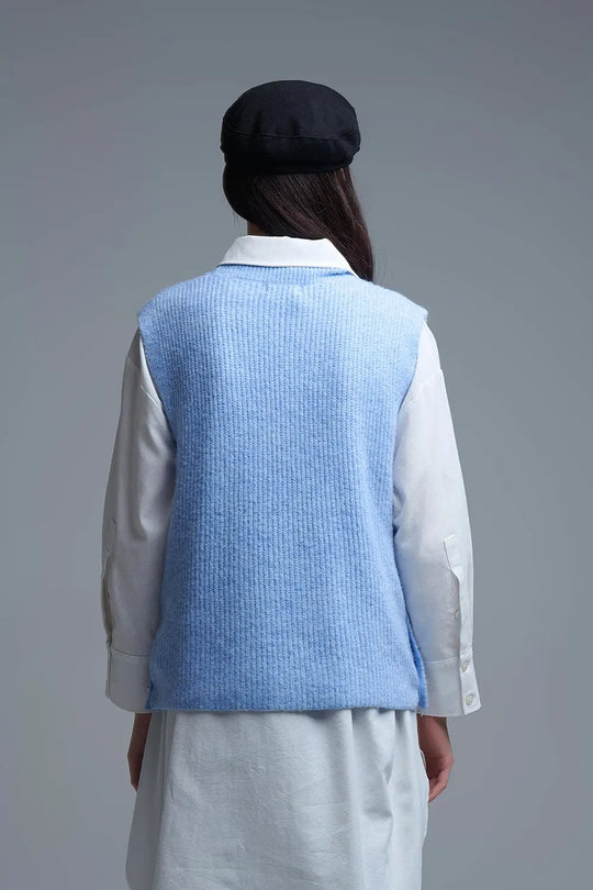 Blue sleeveless sweater with gold buttons on side - BLUE / ONE - Sweaters