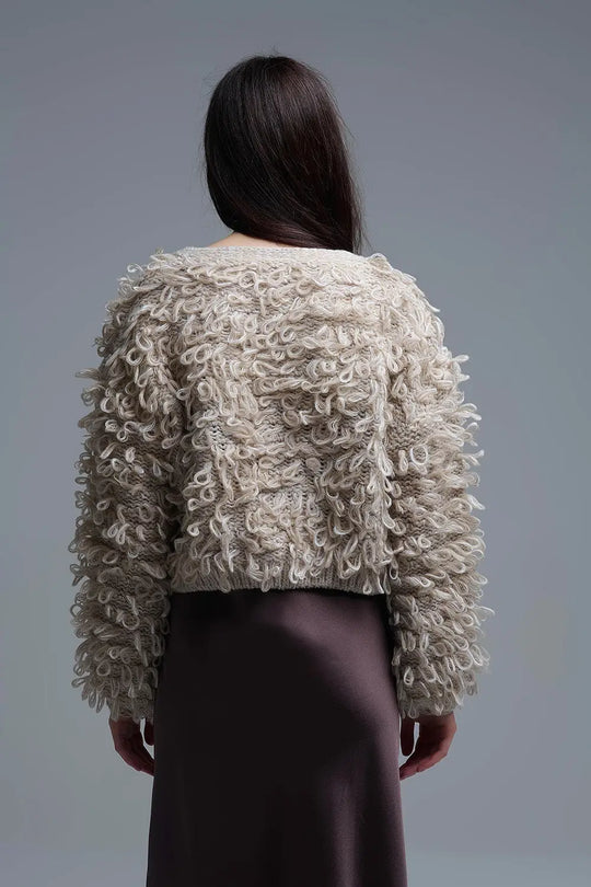 Beige Cropped chunky Knit cardigan with V-Neck and Front Tie closure - BEIGE / ONE - Jackets Cardigans