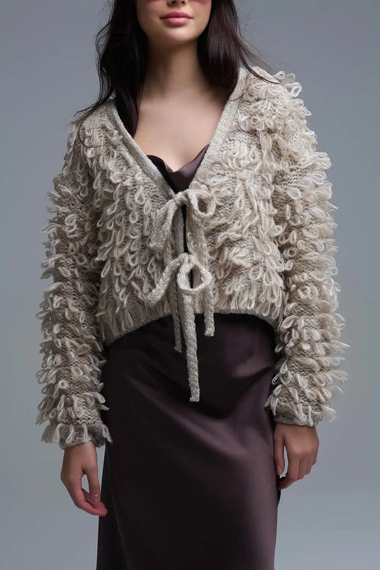 Beige Cropped chunky Knit cardigan with V-Neck and Front Tie closure - BEIGE / ONE - Jackets Cardigans