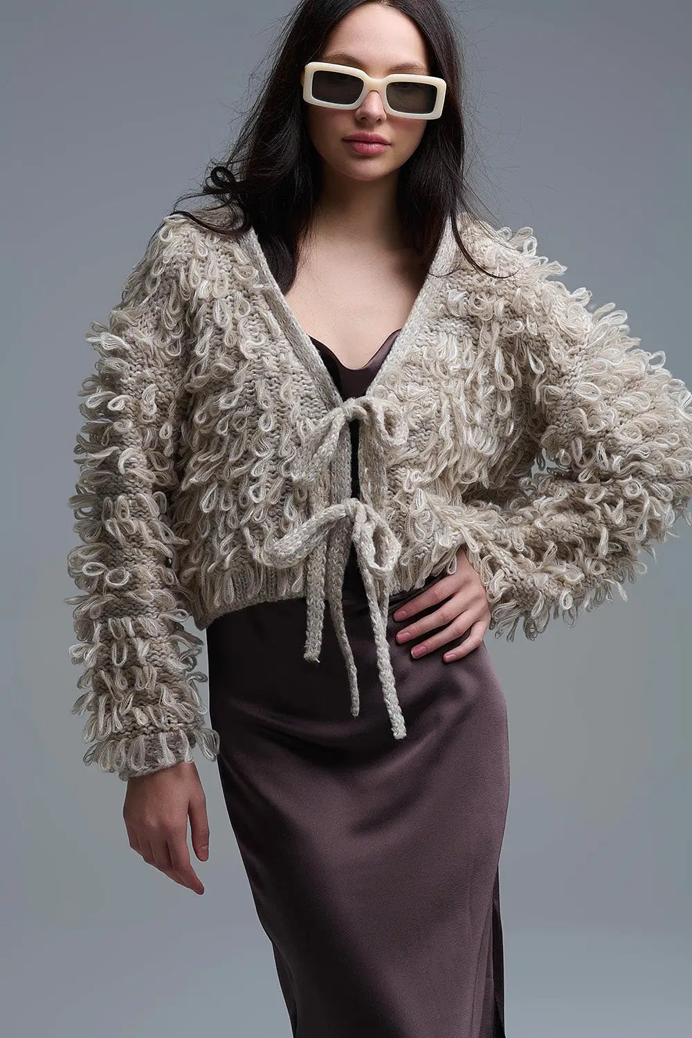 Beige Cropped chunky Knit cardigan with V-Neck and Front Tie closure - BEIGE / ONE - Jackets Cardigans