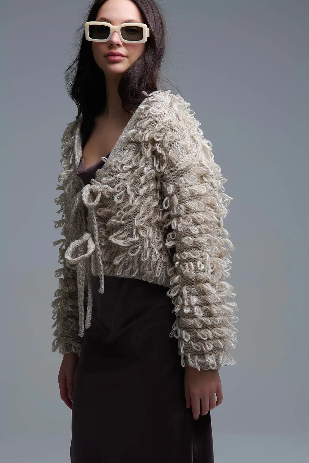 Beige Cropped chunky Knit cardigan with V-Neck and Front Tie closure - BEIGE / ONE - Jackets Cardigans
