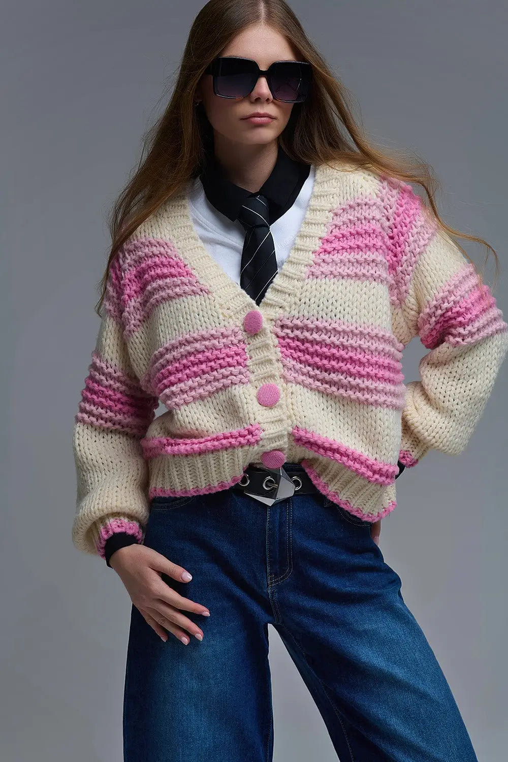 V-neck Chunky Knit Cardigan in stripes of Pink and cream - PINK / ONE - Cardigans