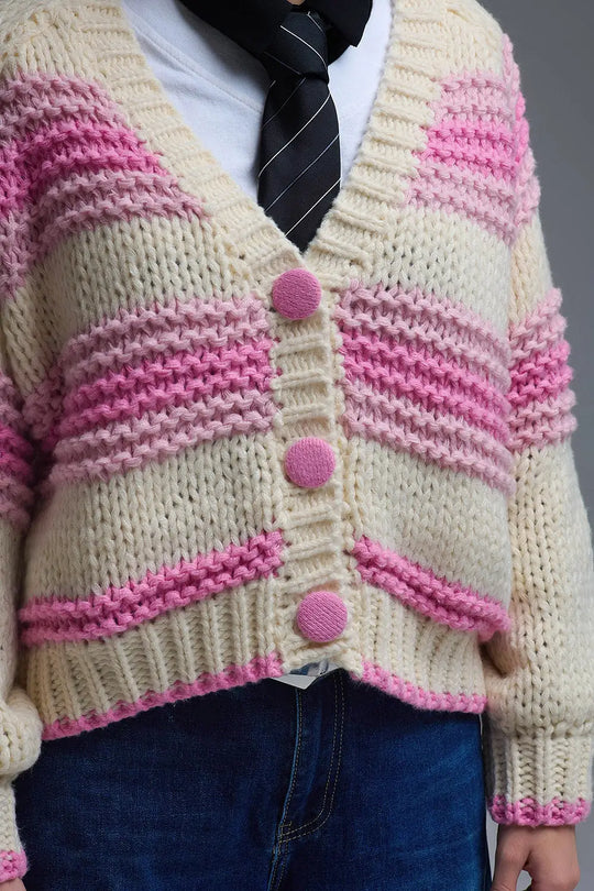 V-neck Chunky Knit Cardigan in stripes of Pink and cream - PINK / ONE - Cardigans