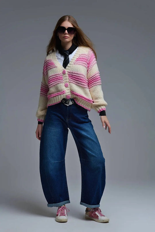 V-neck Chunky Knit Cardigan in stripes of Pink and cream - PINK / ONE - Cardigans