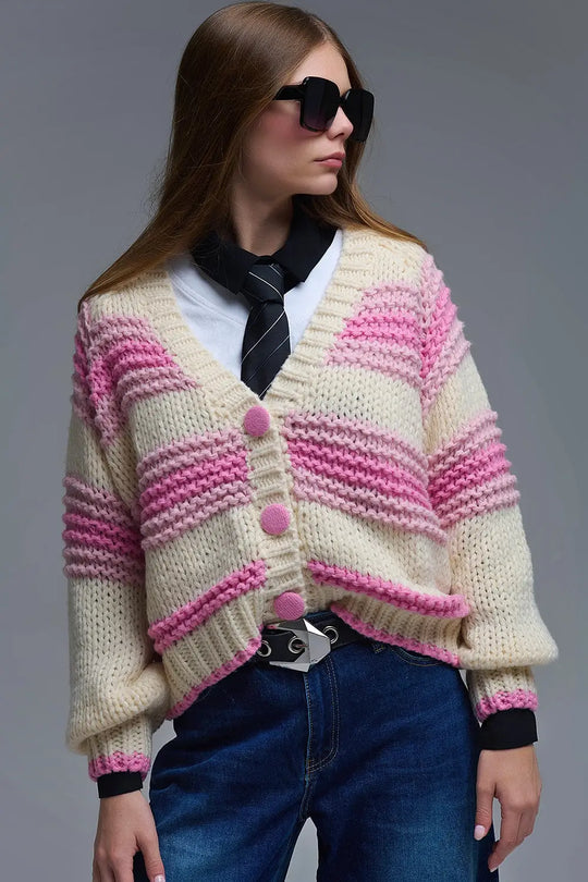 V-neck Chunky Knit Cardigan in stripes of Pink and cream - PINK / ONE - Cardigans