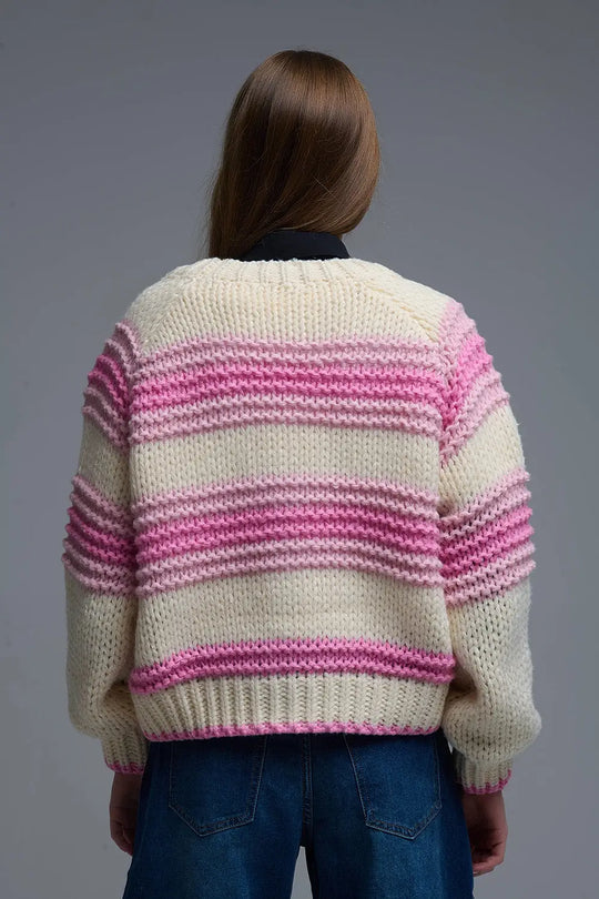 V-neck Chunky Knit Cardigan in stripes of Pink and cream - PINK / ONE - Cardigans