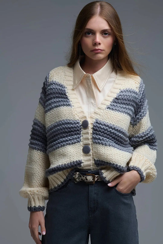 V-neck Chunky Knit Cardigan in striped of Grey and Cream - GRAY / ONE - Cardigans