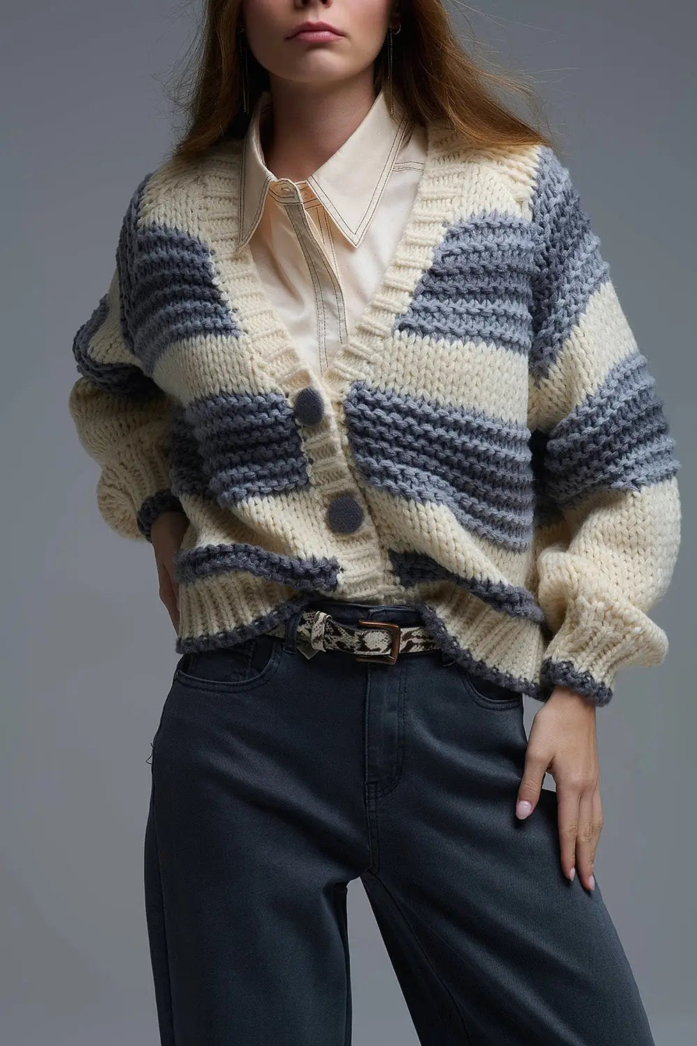 V-neck Chunky Knit Cardigan in striped of Grey and Cream - GRAY / ONE - Cardigans