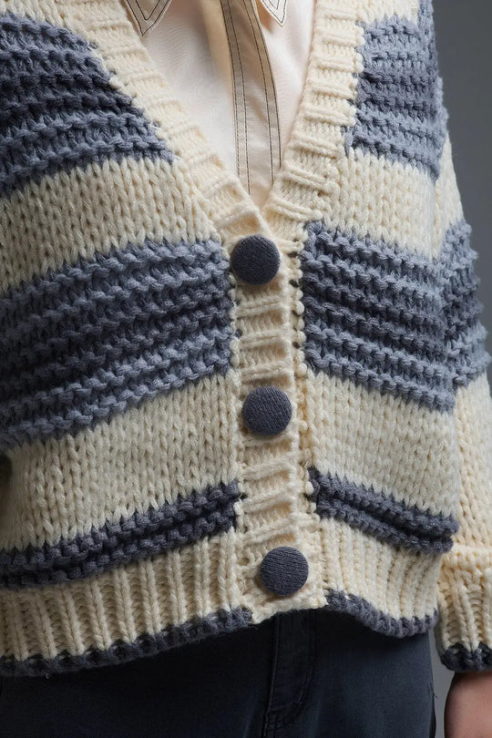 V-neck Chunky Knit Cardigan in striped of Grey and Cream - GRAY / ONE - Cardigans