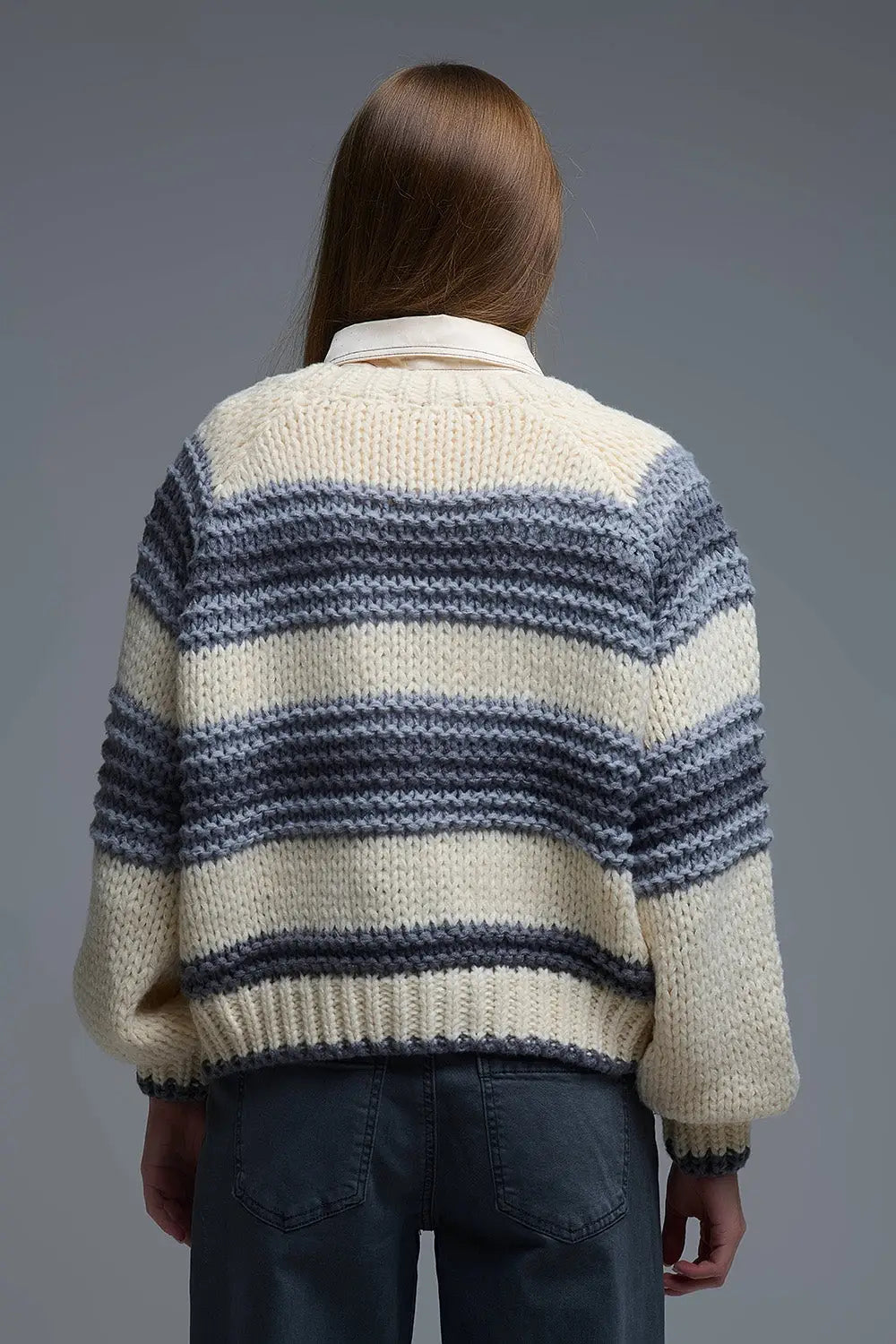 V-neck Chunky Knit Cardigan in striped of Grey and Cream - GRAY / ONE - Cardigans