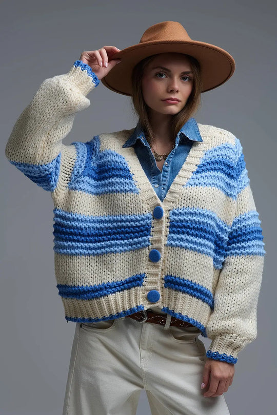 V-neck Chunky Knit Cardigan in stripes of Blue and cream - BLUE / ONE - Cardigans