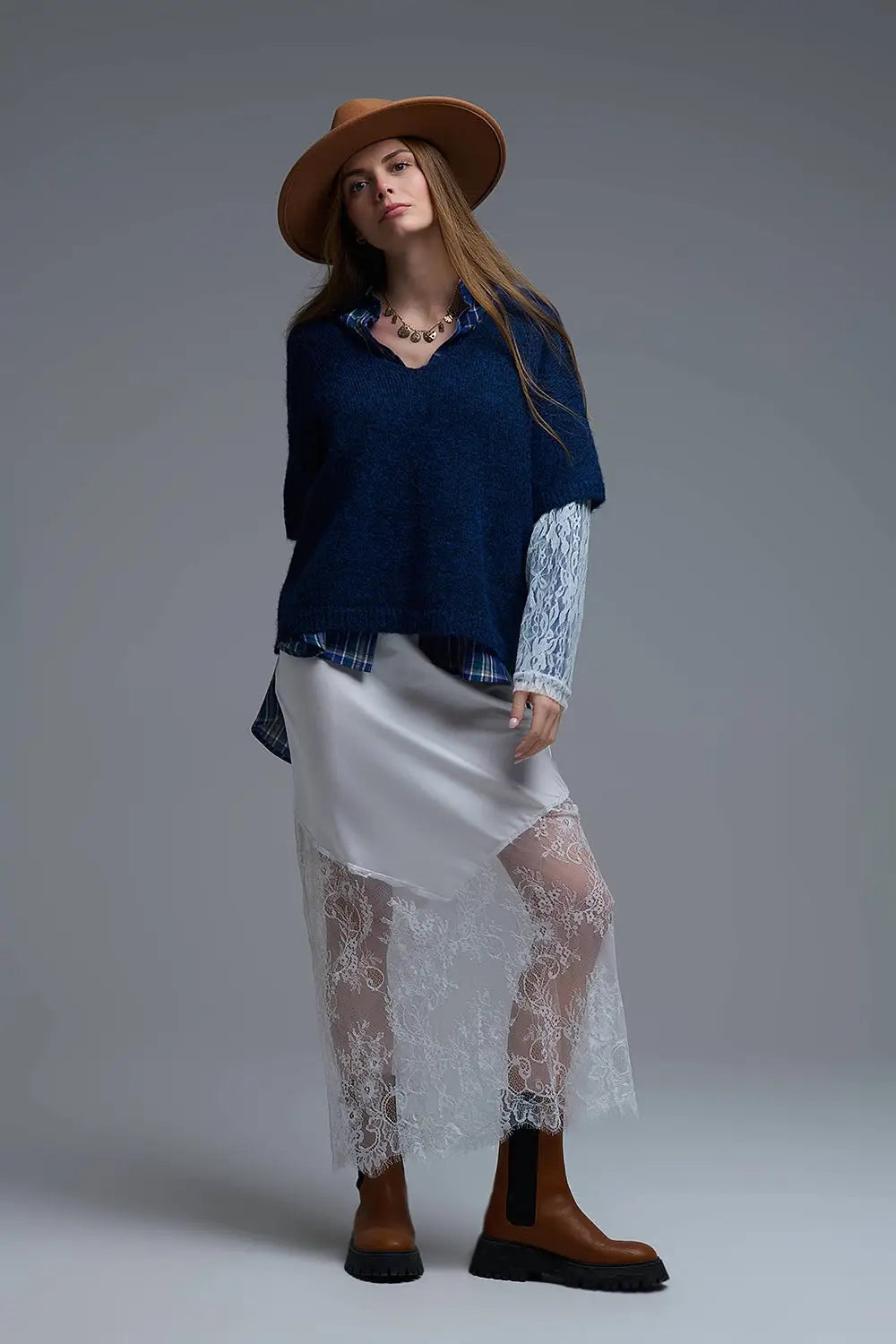 Navy Contrast V-Neck Sweater with Contrasting White lace Sleeves - BLUE / ONE - Sweaters