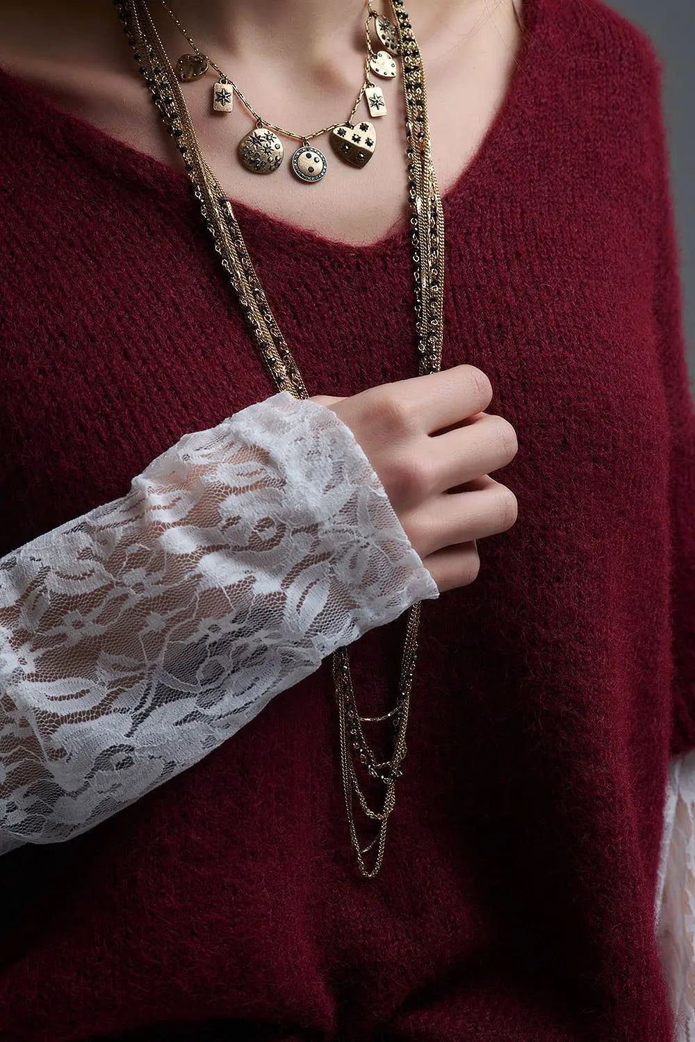 burgundy Contrast V-Neck Sweater with Contrasting White lace Sleeves - MAROON / ONE - Sweaters
