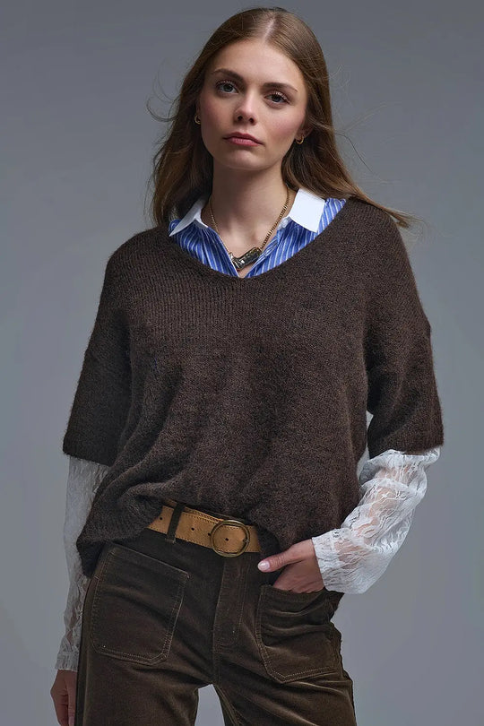 Brown Contrast V-Neck Sweater with Contrasting White lace Sleeves - BROWN / ONE - Sweaters