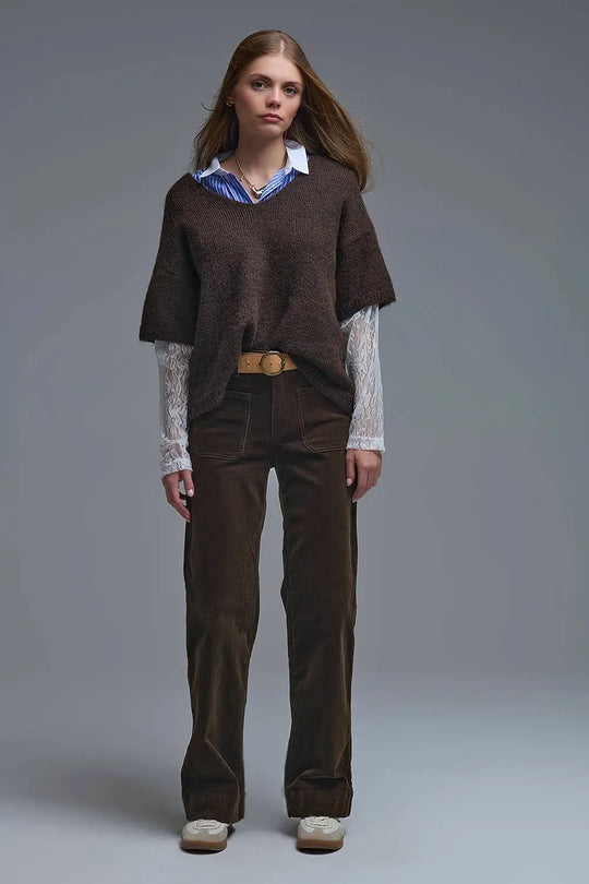 Brown Contrast V-Neck Sweater with Contrasting White lace Sleeves - BROWN / ONE - Sweaters
