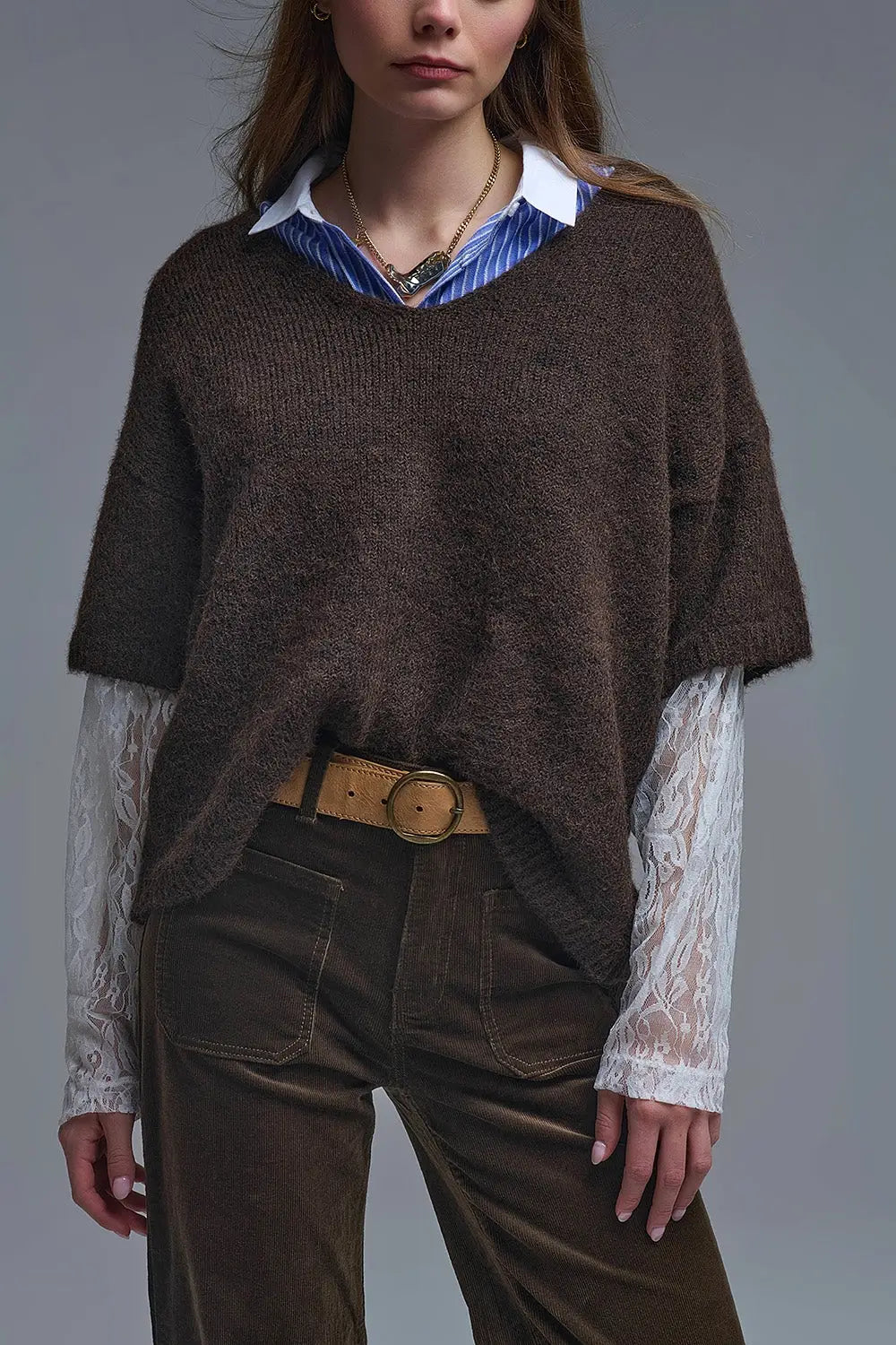 Brown Contrast V-Neck Sweater with Contrasting White lace Sleeves - BROWN / ONE - Sweaters
