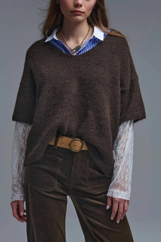 Brown Contrast V-Neck Sweater with Contrasting White lace Sleeves - BROWN / ONE - Sweaters