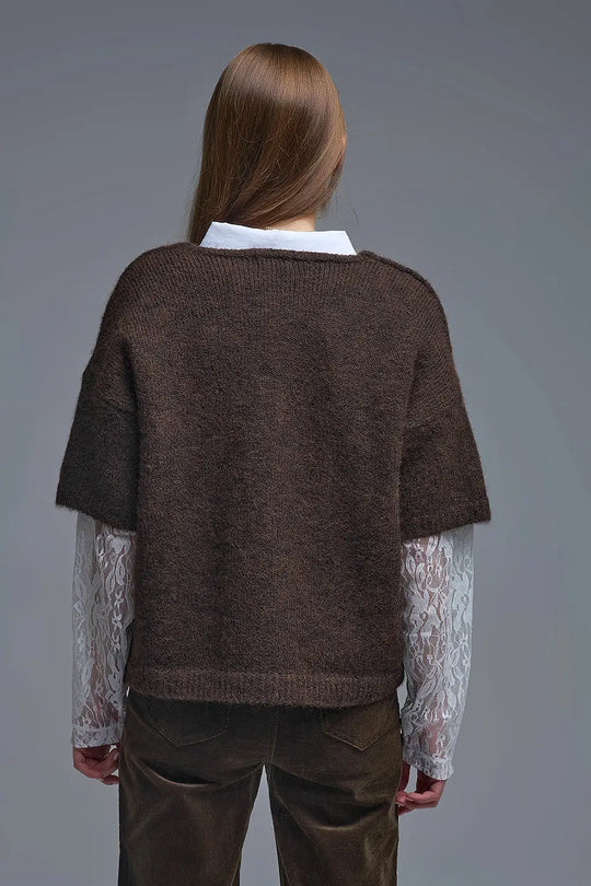 Brown Contrast V-Neck Sweater with Contrasting White lace Sleeves - BROWN / ONE - Sweaters