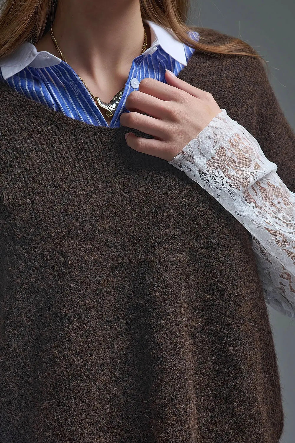 Brown Contrast V-Neck Sweater with Contrasting White lace Sleeves - BROWN / ONE - Sweaters