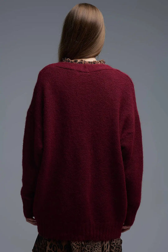 Oversized Cardigan in burgundy with gold buttons and pockets - MAROON / ONE - Cardigans