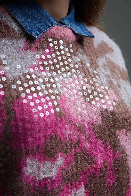 Pink Animal Print Sweater With Sequins - PINK / ONE - Sweaters