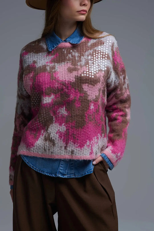 Pink Animal Print Sweater With Sequins - PINK / ONE - Sweaters