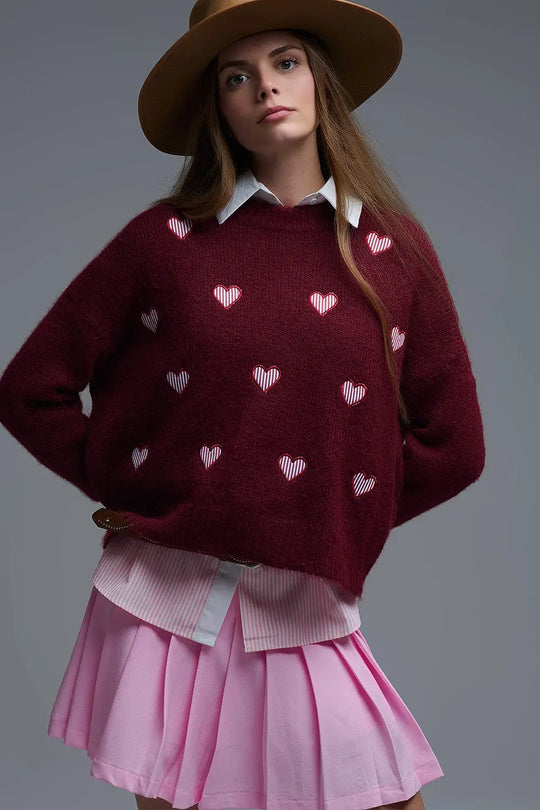 Burgundy Crew Neck Sweater With Striped Hearts - MAROON / ONE - Sweaters