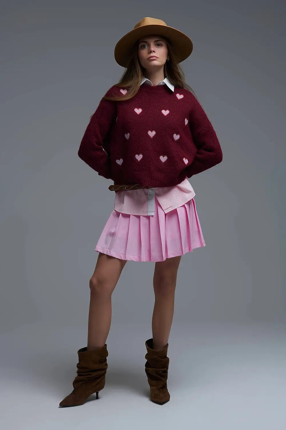 Burgundy Crew Neck Sweater With Striped Hearts - MAROON / ONE - Sweaters