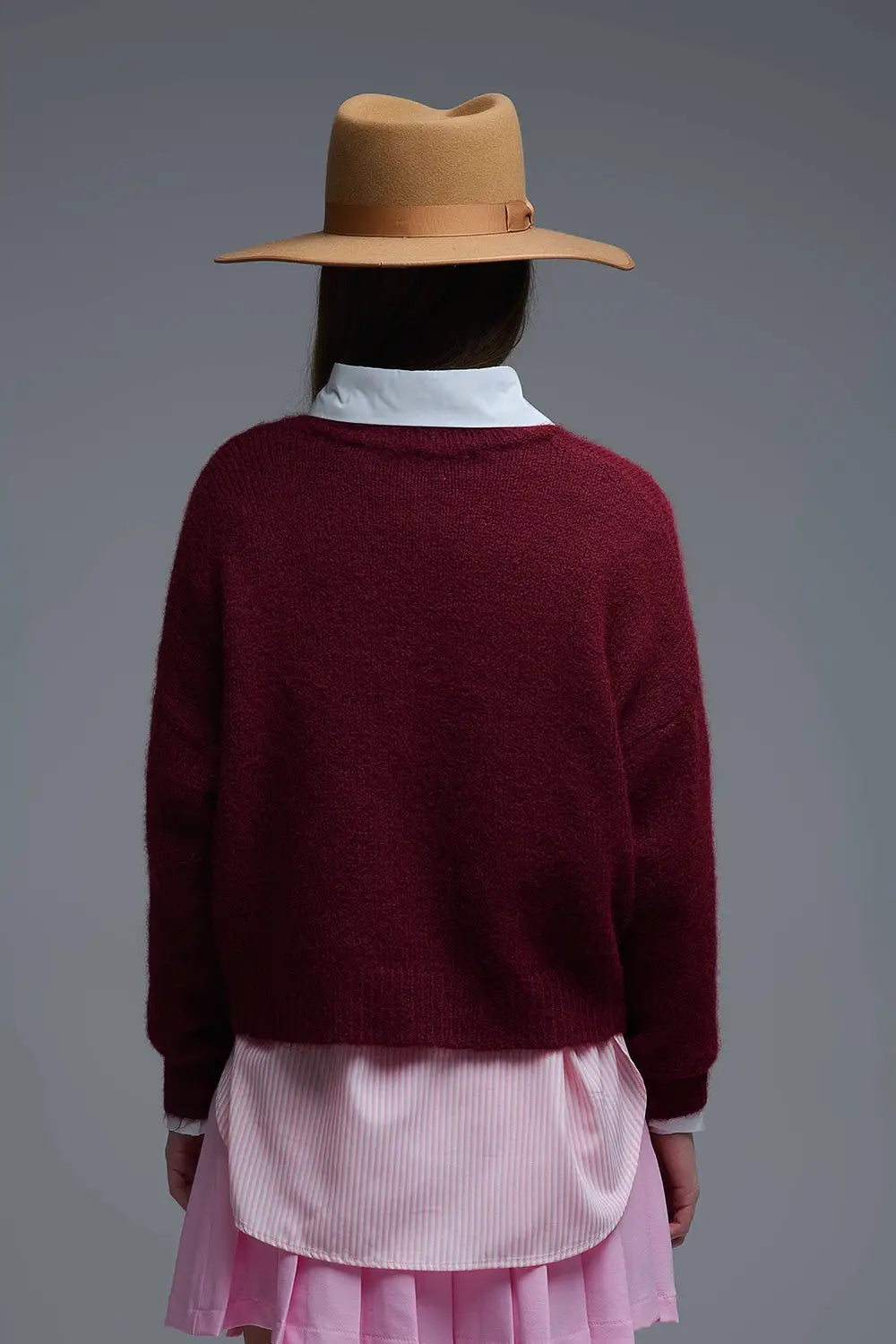 Burgundy Crew Neck Sweater With Striped Hearts - MAROON / ONE - Sweaters