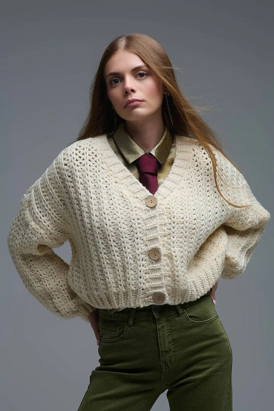 Open Knit Chunky Cardigan In beige - CREAM / ONE - Cardigans