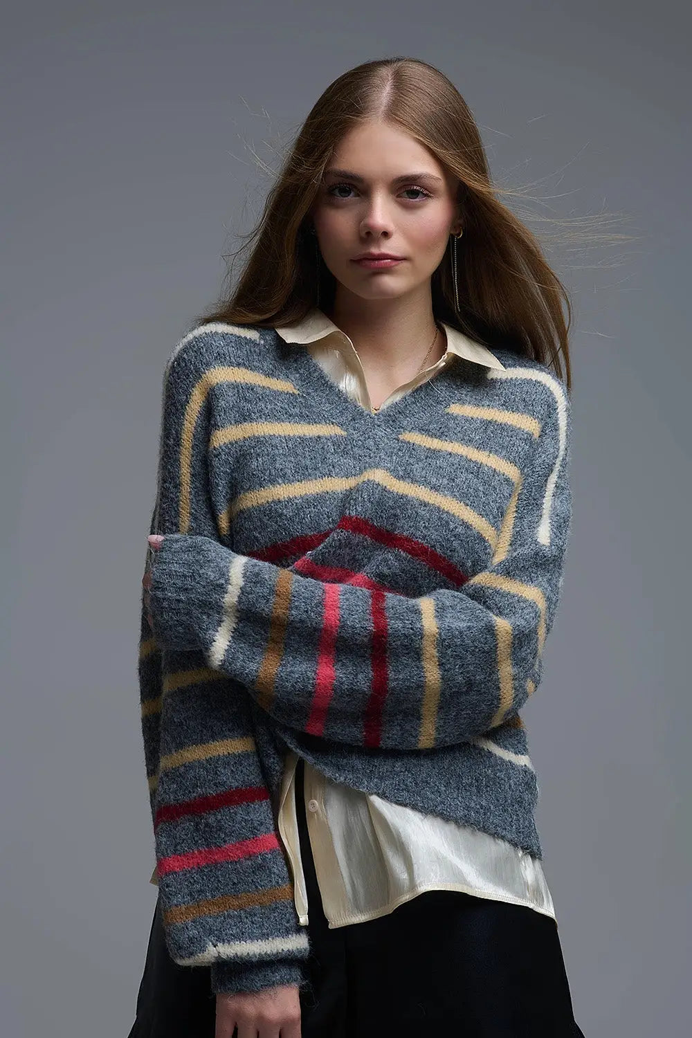 Grey Oversized Multicolor Stripe Sweater - GRAY / ONE - Sweaters