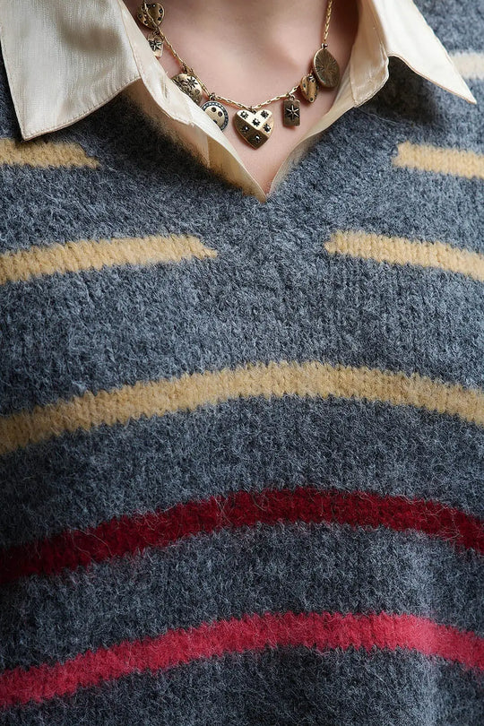 Grey Oversized Multicolor Stripe Sweater - GRAY / ONE - Sweaters