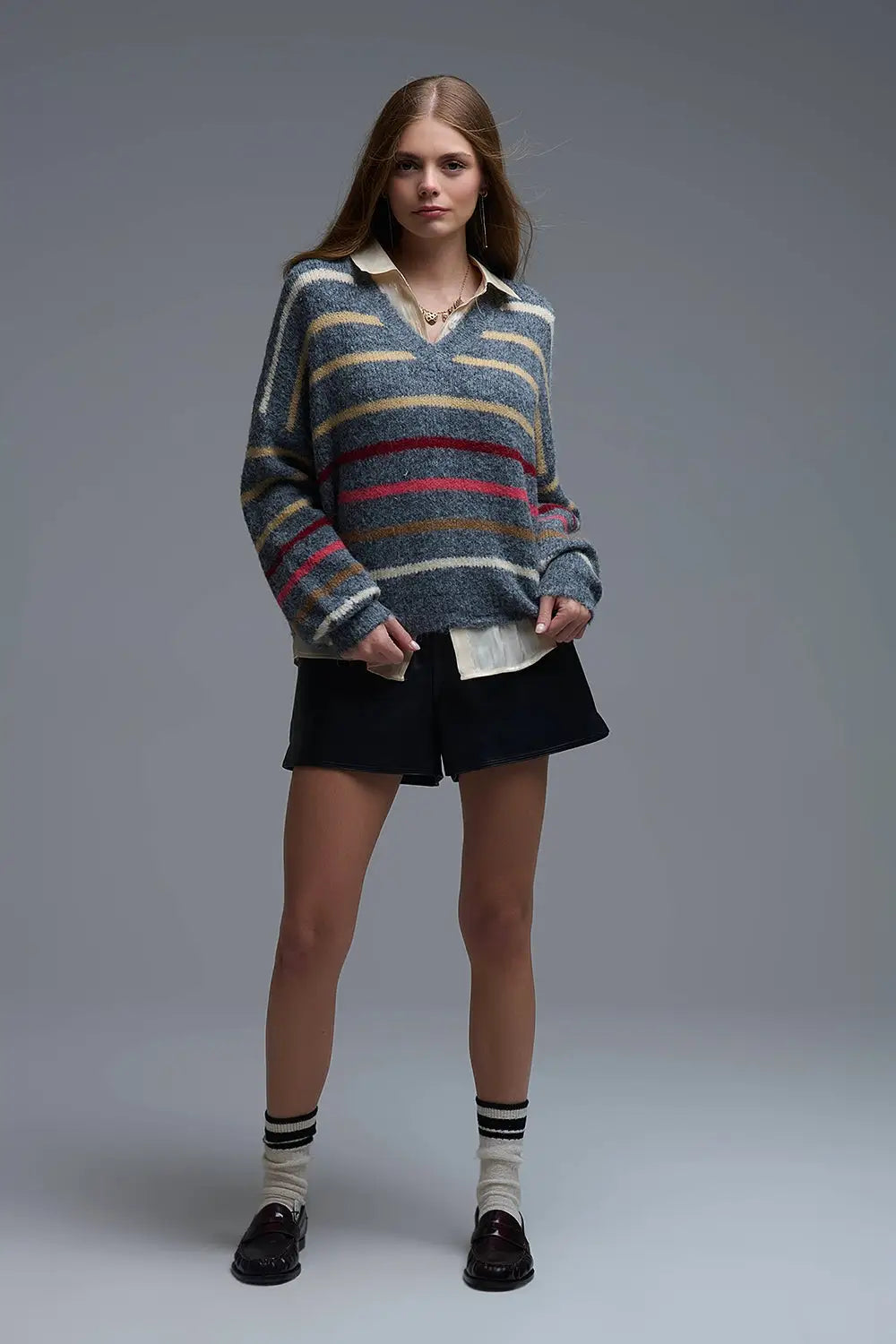 Grey Oversized Multicolor Stripe Sweater - GRAY / ONE - Sweaters