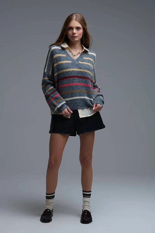Grey Oversized Multicolor Stripe Sweater - GRAY / ONE - Sweaters