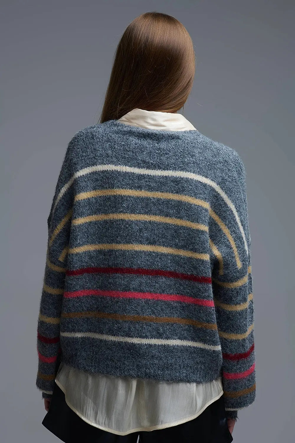 Grey Oversized Multicolor Stripe Sweater - GRAY / ONE - Sweaters