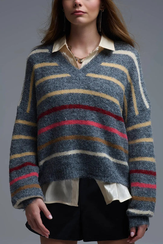 Grey Oversized Multicolor Stripe Sweater - GRAY / ONE - Sweaters