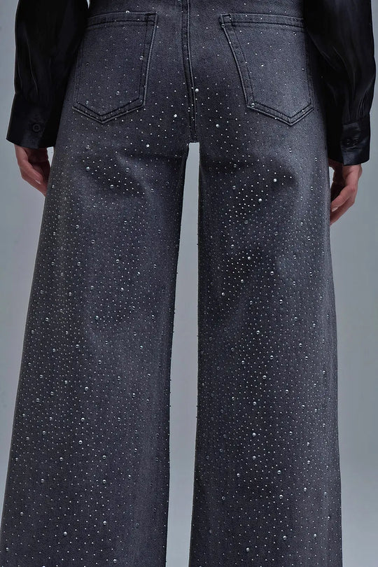 Black Rhinestone Wide-Leg Jeans