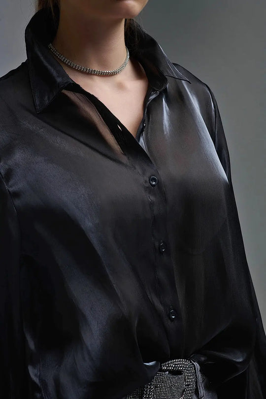 Elegant Black Shirt in Satin Silk - Shirts