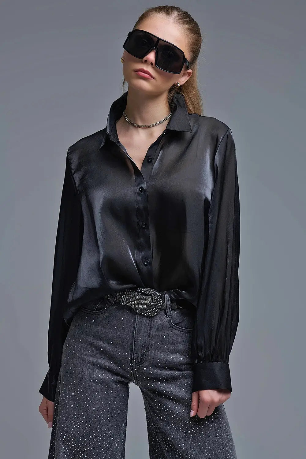 Elegant Black Shirt in Satin Silk - Shirts