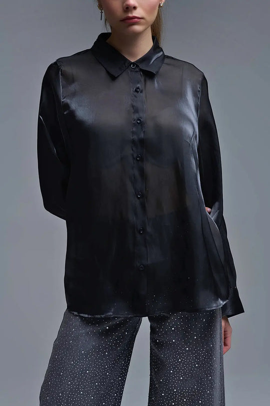 Elegant Black Shirt in Satin Silk - Shirts