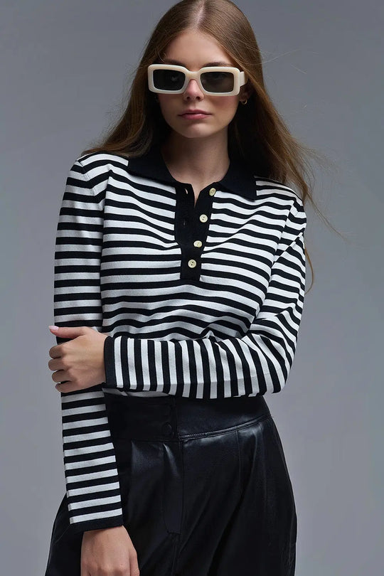Black &amp; White Striped Long-Sleeve Polo - Tops