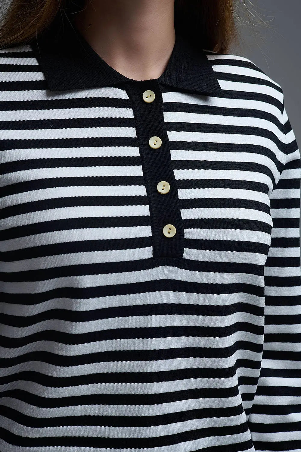 Black &amp; White Striped Long-Sleeve Polo - Tops
